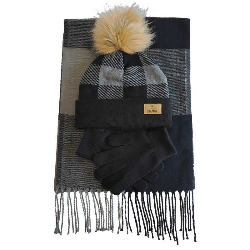 Unisex Acrylic Plaid Fake Fur Autumn Winter Three-piece Scarf Glove Caps